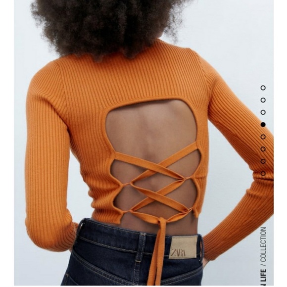 ZARA Sexy Orange Open Cut Out Back Lattice Long Sleeve Turtleneck Ribbed Sweater - Picture 13 of 14